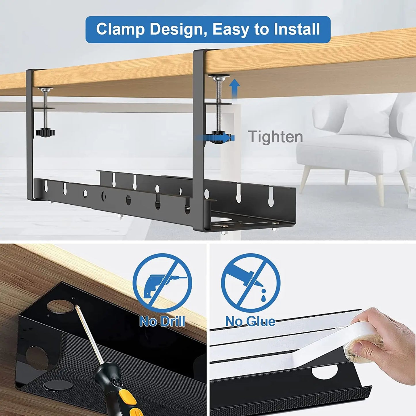 Clamp-On Extendable Under-Desk Cable Tray
